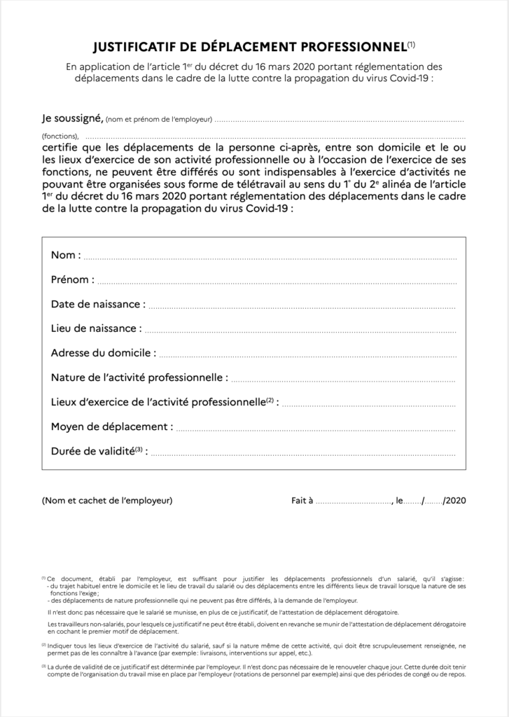 Attestation de déplacement dérogatoire